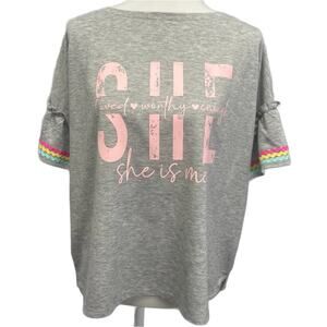 Hand Printed Upcycled Womens XL She Is Me Loved Worthy Enough Bell Sleeve Top